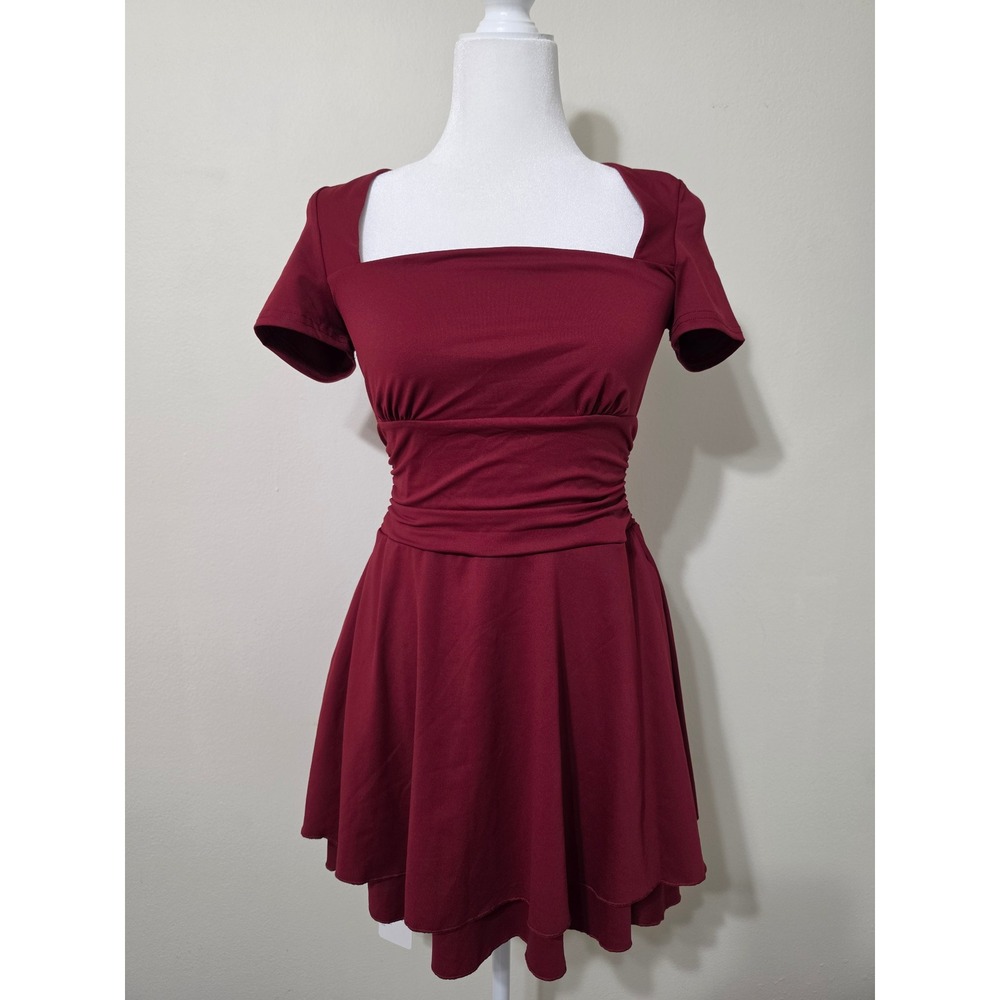 OYS Burgundy Skater Dress Short Sleeve Ruched Waist Pockets Size S